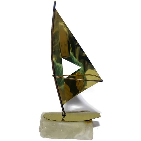 Sailboat Nautical Metal Art Brass Copper & Steel On Stone Onyx Base Set of Two - Picture 8 of 10